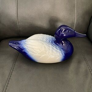 Vintage Ceramic Duck Figurine Decoy / Decorative Piece Cobalt Blue and White